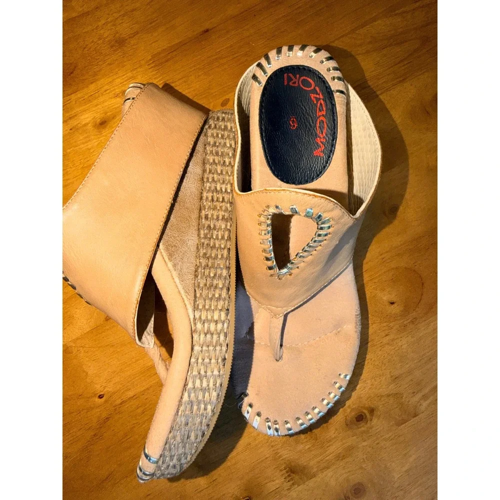 Modzori Tan Leather Whipstitch Wedge Thong Sandals Size 6 Bohemian Platform